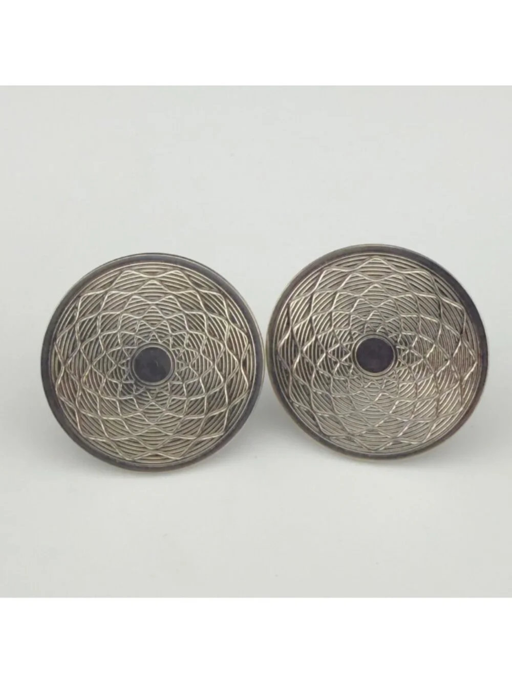 Vintage Round Silver Toned Cufflinks Geometric Pattern Design